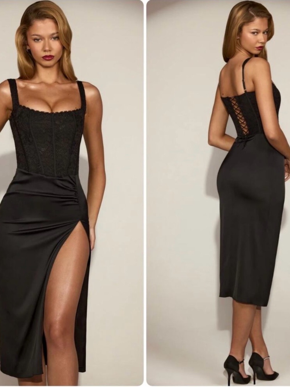Oh Polly Black Lace-Detail Slip Dress with Corset Bodice